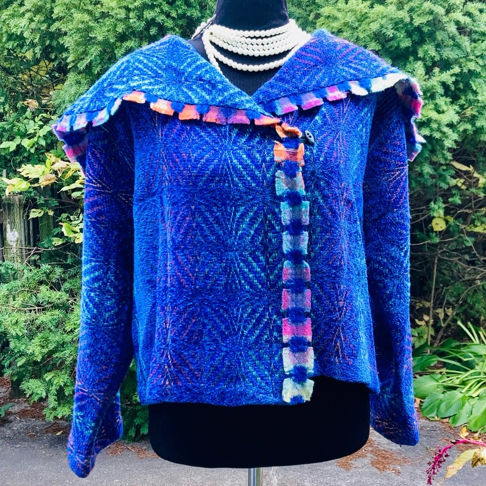 Vintage Patricia Palson Blue Multicolor Women's Sweater Jacket